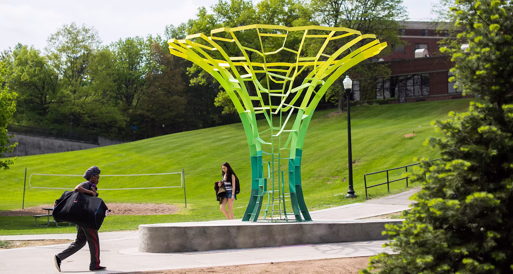 Calyx public sculpture installed on the University of Rochester campus